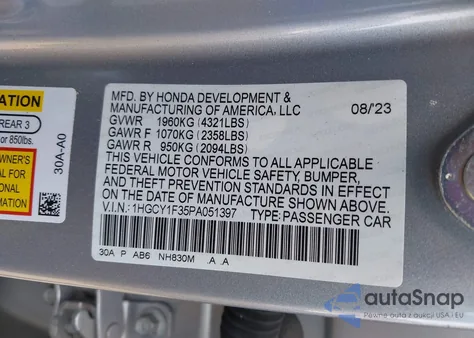 2023 Honda Accord Ex z USA, uszkodzony, nr VIN 1HGCY1F35PA051397